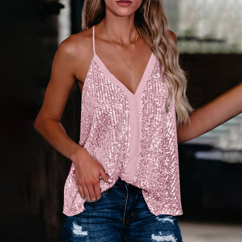 Sequin Sling Fashion V Neck Party Loose Casual Sleeveless Blouses