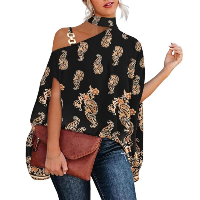 Fashion Halter Neck Dolman Sleeve Stand Collar Print Casual Loose  Blouses & Shirts
