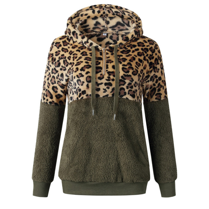 Relaxed Loose Plush Leopard Patch Sweatshirts