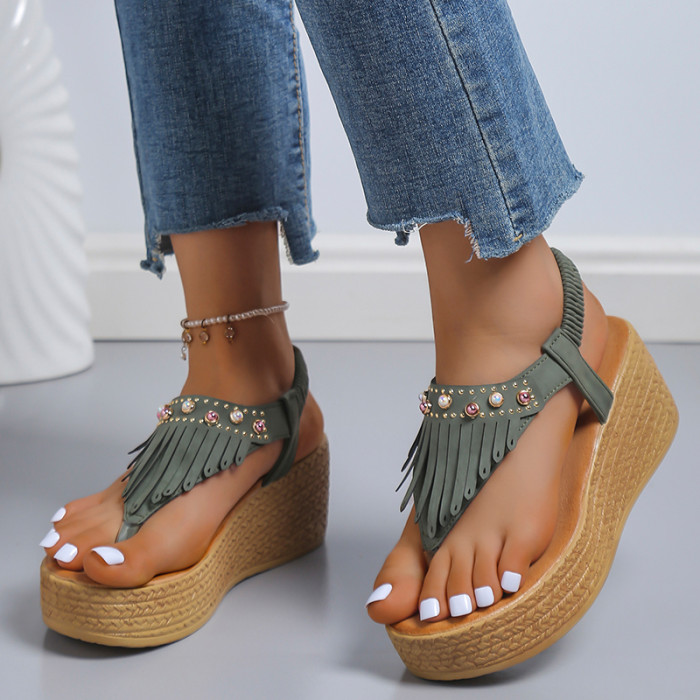 Fashion Tassel Flower Print Wedge Non-slip Casual Sandals