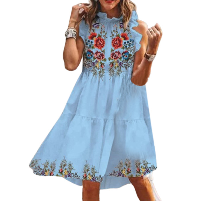Trendy Bohemian Cotton Floral Print Loose Sleeveless Ruffle Party Mini Dress