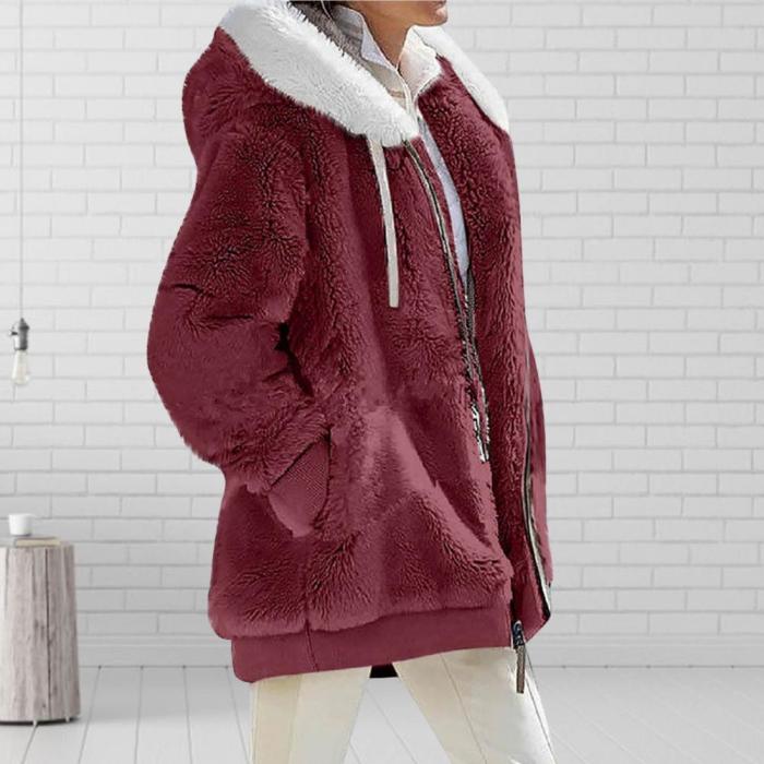 Women's Fashion Solid Color Long Sleeve Zipper Loose Warm Plush  Coats