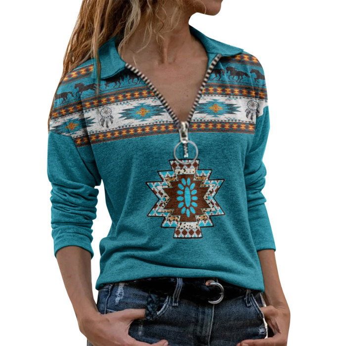 Fashion Loose V Neck Zipper Ethnic Print Long Sleeve Casual Sweatshirts