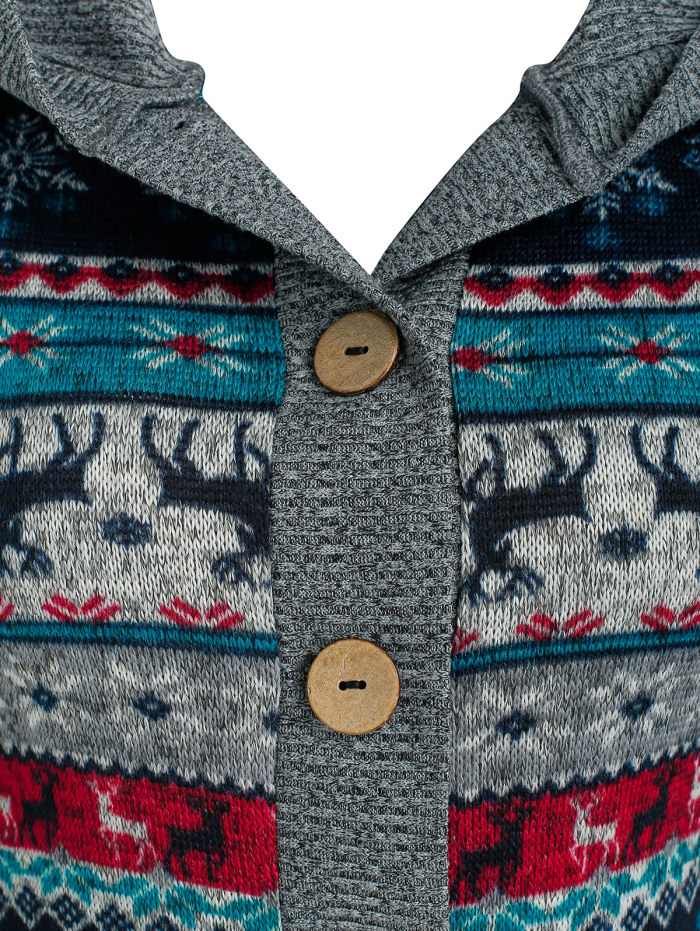Christmas Snowflake Elk Hooded Button Wide Waist Full Sleeve Knit Jacket