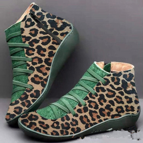 Women's Casual Boots Leopard Wedge Flat Warm Ankle Boots