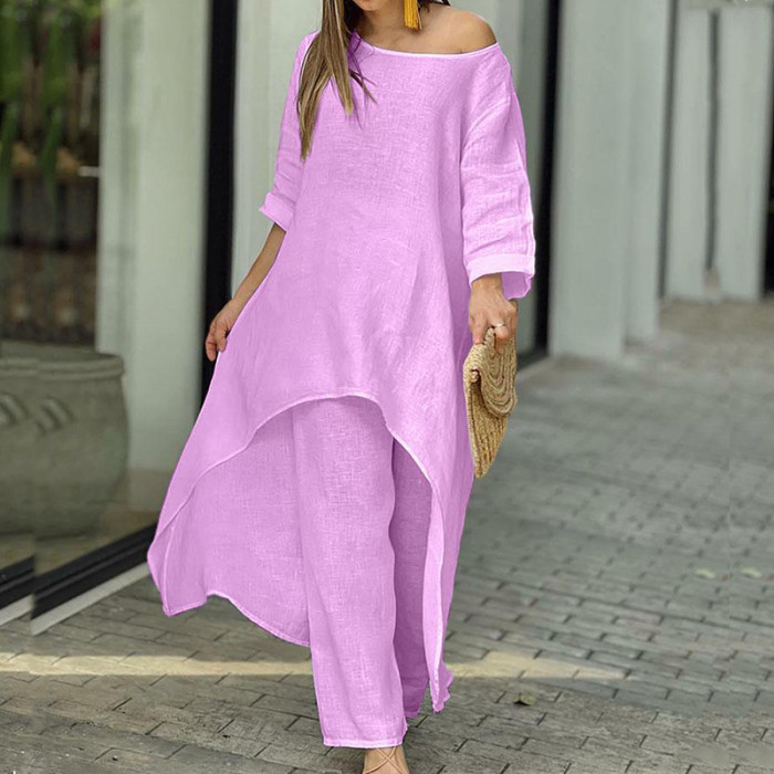 Solid Color Loose Casual Long Sleeve O-Neck Irregular Two-piece Outfits