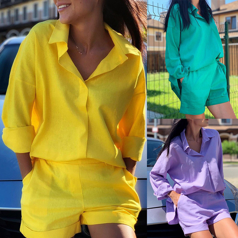 Casual Solid Color Fashion Shirt Top And Mini Shorts Two-piece Outfits