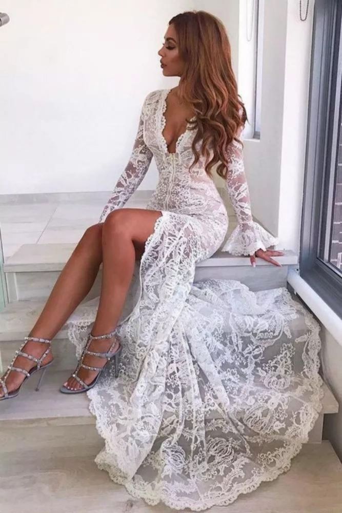Sexy Lace Deep V Neck Bell Sleeve Retro Slim Party Wedding Evening Dress