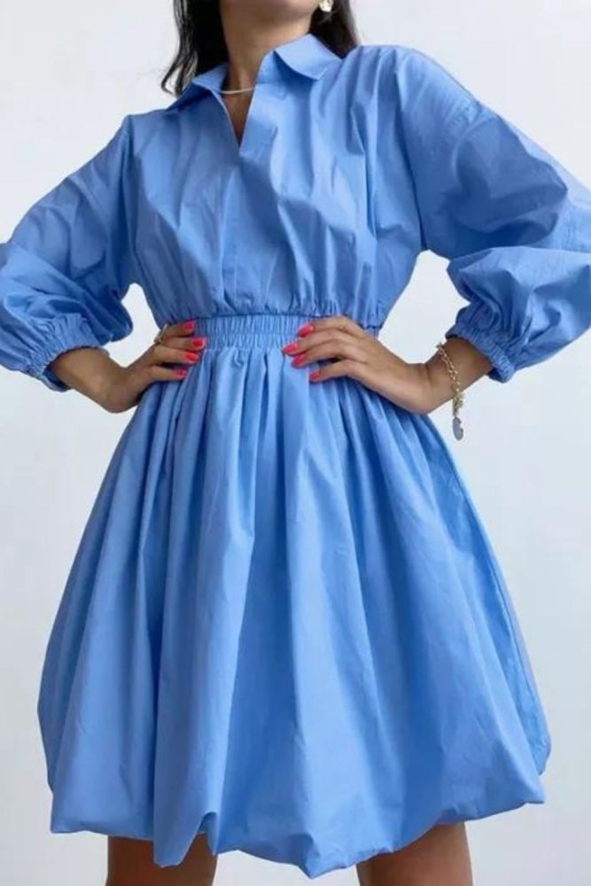 Fashion Solid Color Elegant High Waist Shirt Balloon Sleeves V Neck Gown Mini Dress