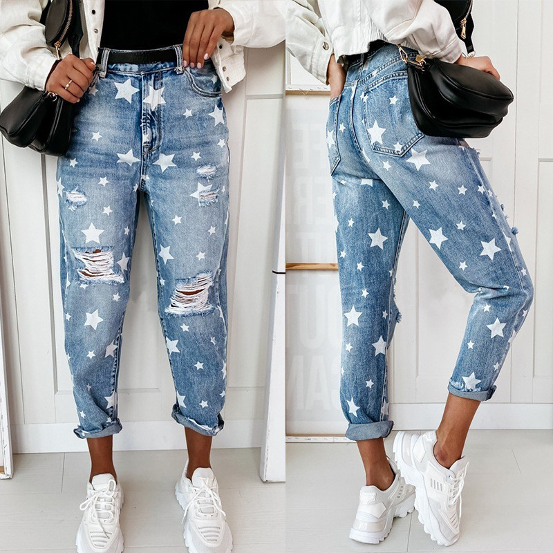 Slim Fit Printed Loose Ripped Jeans