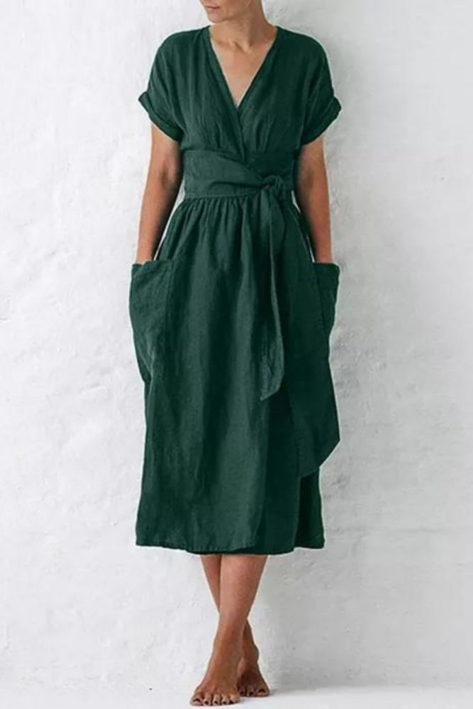 Cotton Linen Casual Short-Sleeved V-neck Pocket Strap  Midi Dress