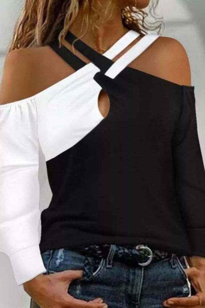 Trendy Color Block Cross Off Shoulder Long Sleeve Casual Blouses