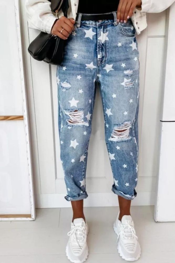 Slim Fit Printed Loose Ripped Jeans