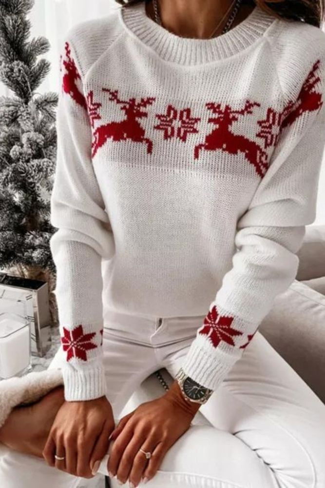 Women's O-Neck Christmas Print Loose Sweater