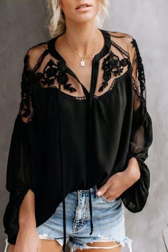 Fashion Solid Color Crochet Hollow Lace Sexy Long Sleeve Blouses