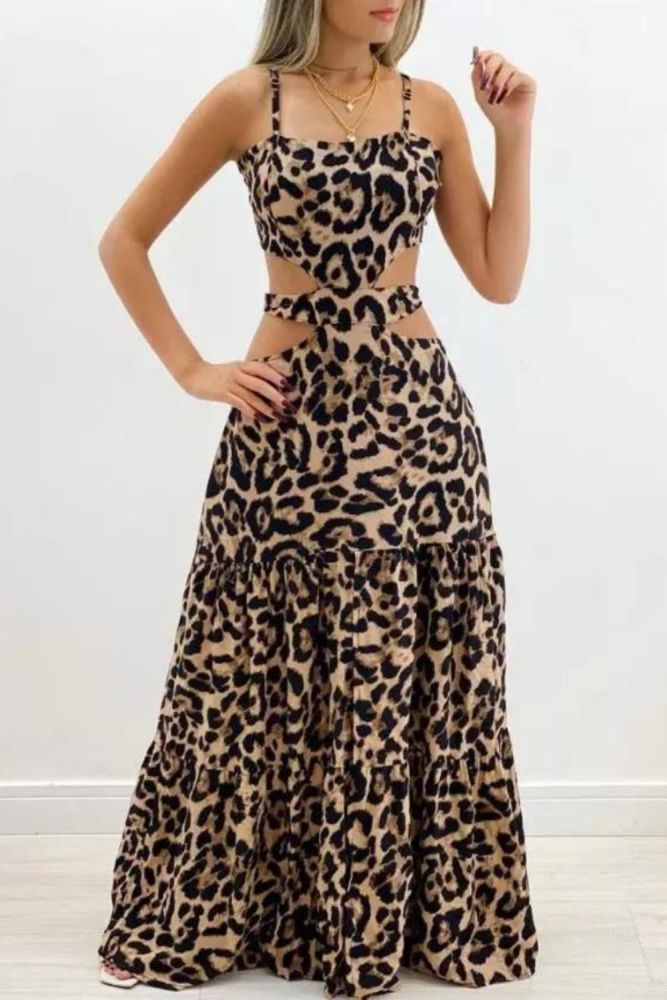 Hollow Fashion Sexy Sleeveless High Waist Casual Leopard Print  Maxi Dress