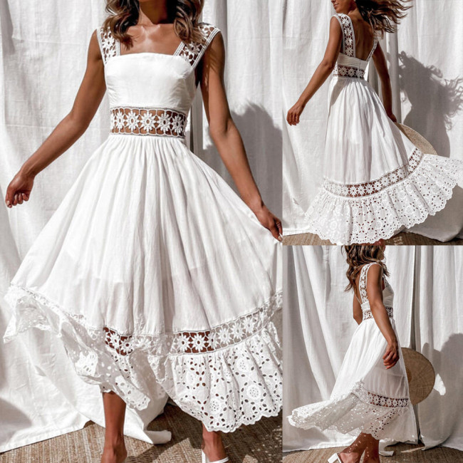 Fashion White Hollow Cotton Lace Sleeveless Party Elegant Maxi Dress