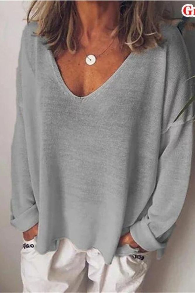 Fashion Solid Color Shirt Casual Loose Top V Neck Sweatshirt