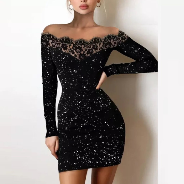 Sexy Party Sheer Black Off Shoulder Long Sleeve Lace Sequin Bodycon Mini Dress