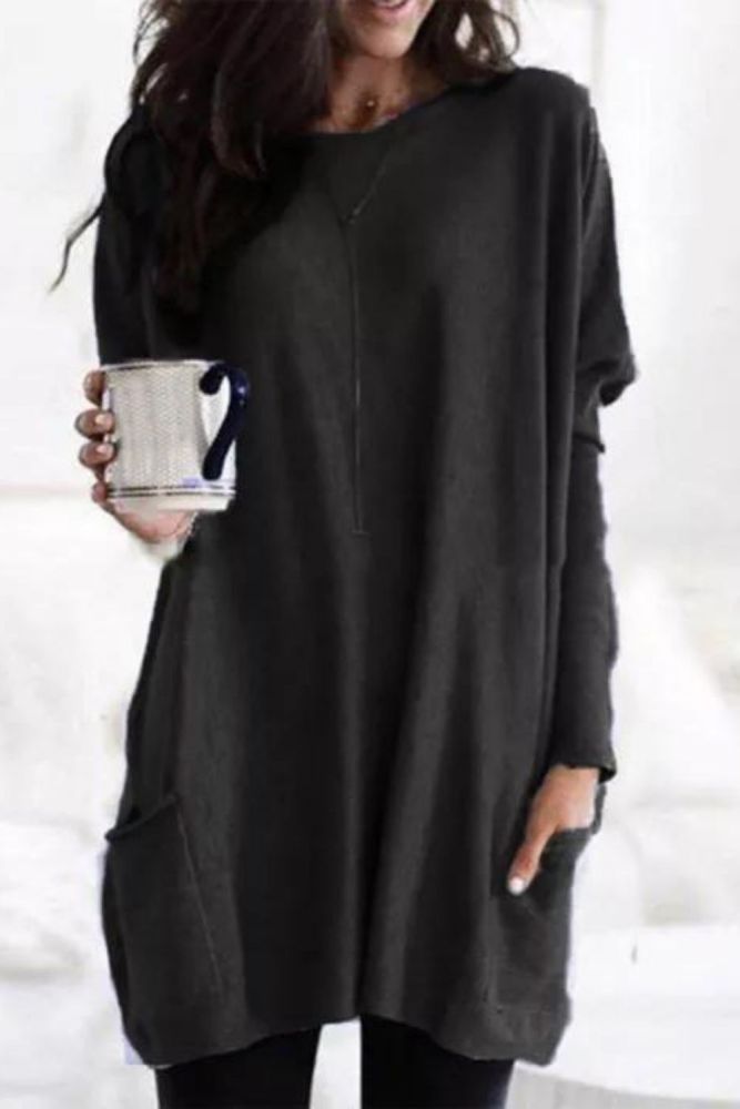 Women's Long Sleeve Round Neck Loose Solid Color Pocket Tunic Sweatshirt