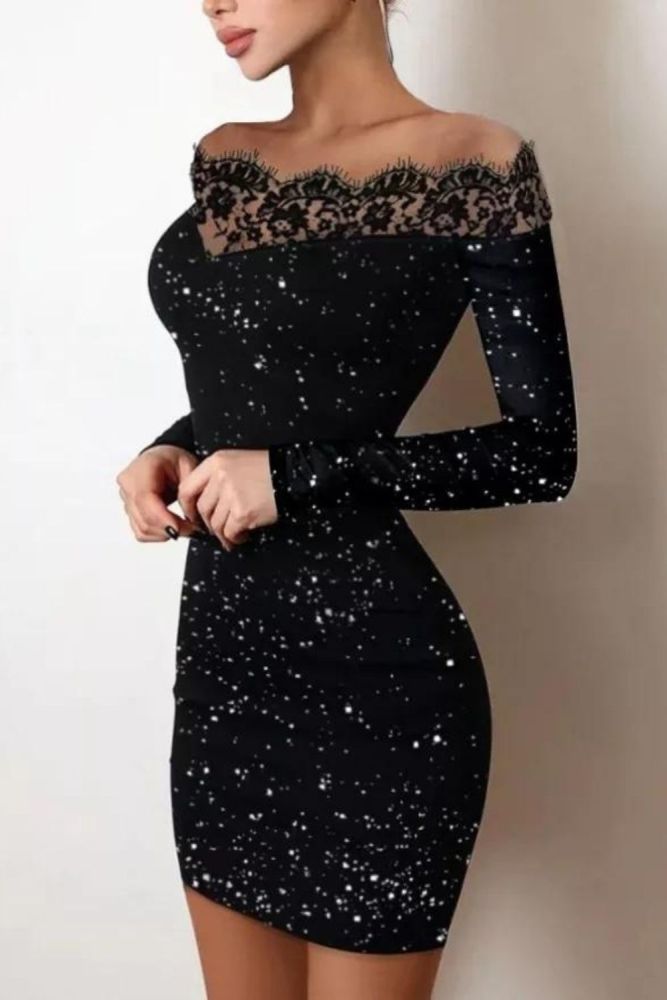 Sexy Party Sheer Black Off Shoulder Long Sleeve Lace Sequin Bodycon Mini Dress