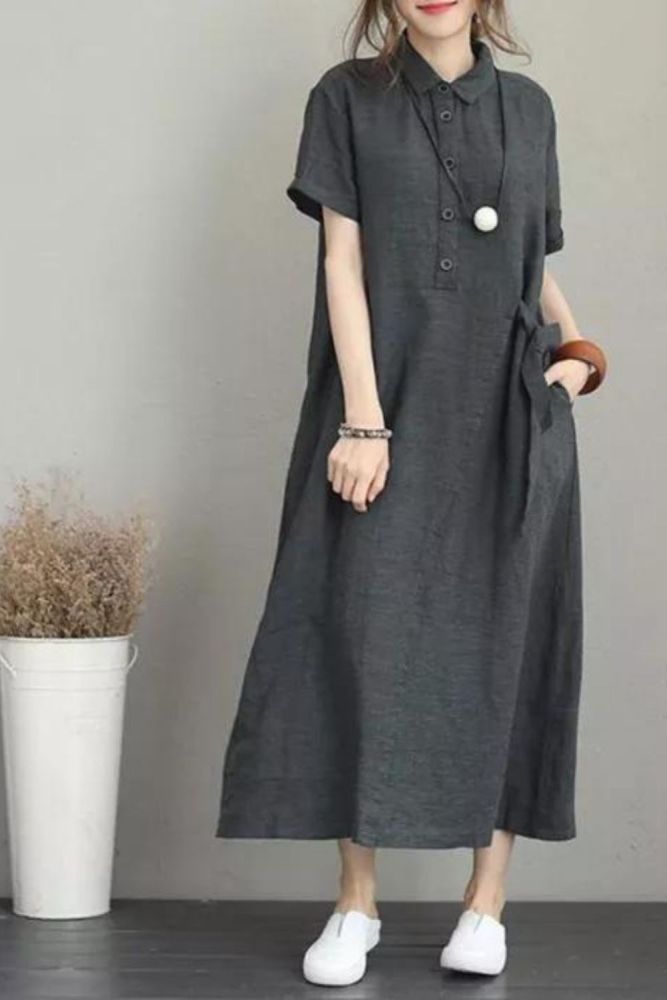 Fashion Loose Cotton Linen Vintage Lapel Solid Color Midi Dress