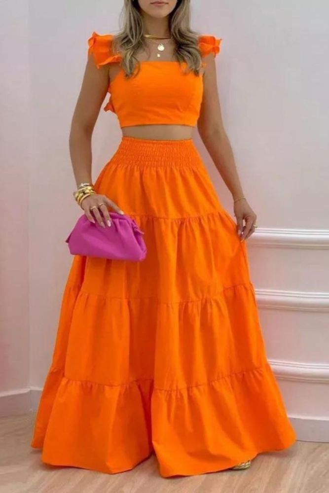 Fashion Solid Color Ruffle Pleated Backless Sexy  Maxi Dress