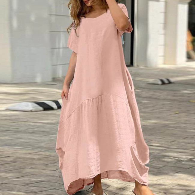 Fashion Cotton Linen Pocket Casual Solid Color O-Neck Loose Maxi Dress