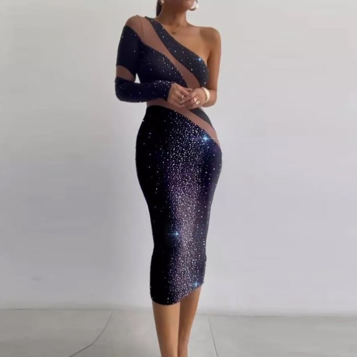 Elegant Party Sexy Pure Color Rhinestone Contrasting Mesh Long Sleeve  Bodycon Dress
