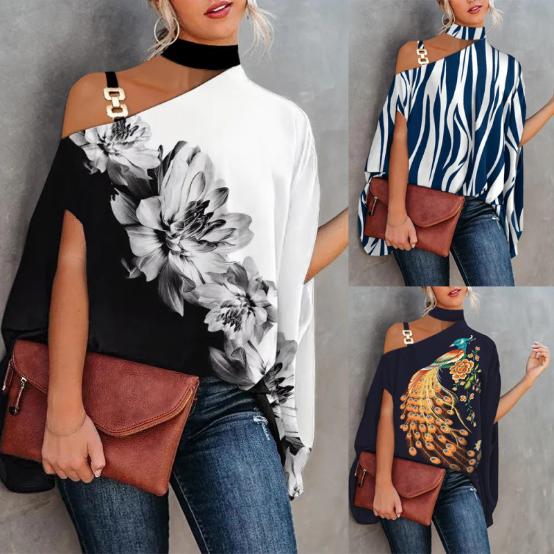 Elegant Loose Fashion Halter Neck Dolman Sleeve Lotus Print Blouses & Shirts