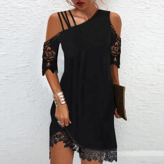 Fashion Chic Lace Off Shoulder Solid Color Casual Half Sleeve Mini Dress