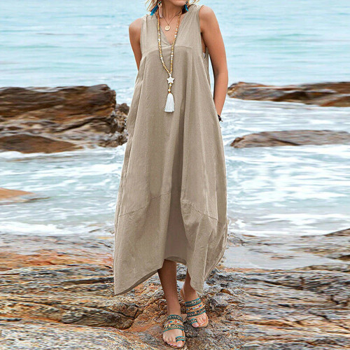 Fashion Casual Solid Color Sleeveless V Neck Loose Chic Tie  Maxi Dress