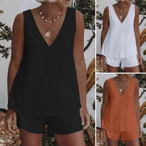 Fashion Solid Color Sleeveless Casual Loose Cotton  Two-piece Outfits Homewear