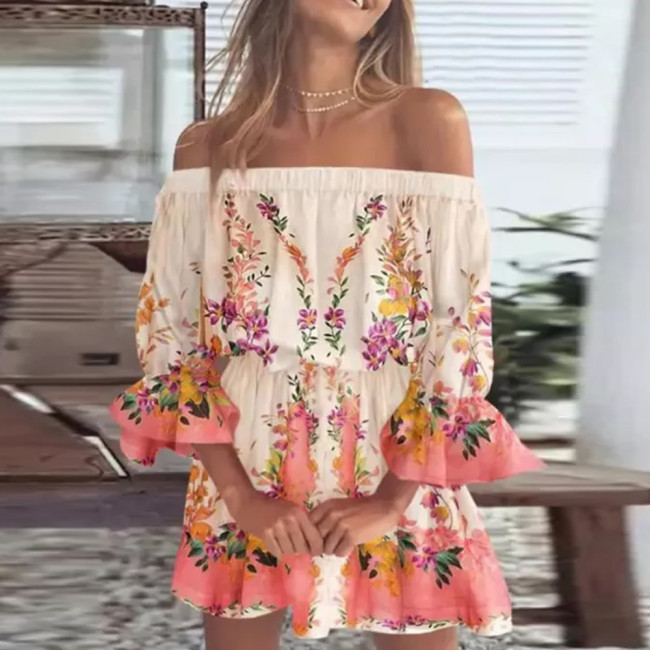 Sexy Fashion Slash Neck Print Elegant Casual Long Sleeve Bohemian Party Mini Dress