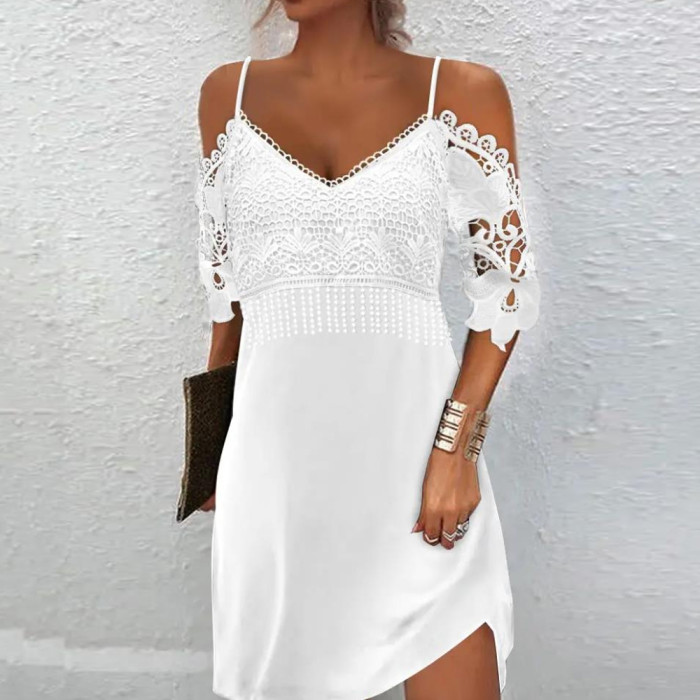 Fashion Contrasting Lace Off Shoulder Casual Half Sleeve Mini Dress