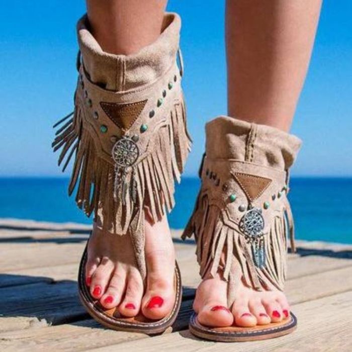 Tassel Flip High-Top Casual Flat Beaded Shell Sandals