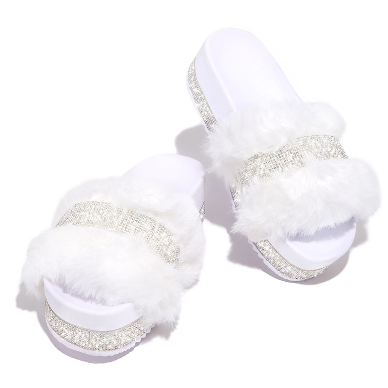 Design Fur Rhinestone Platform Wedge Fluffy Sexy Furry Slippers