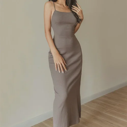 High Slit Backless Sexy Sleeveless Solid Color Party Maxi Dress