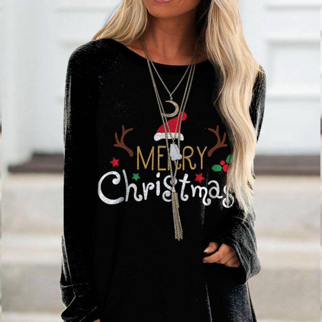 Fashion Retro Elegant Long Sleeve Round Neck Slim Christmas Print  T-Shirts Top