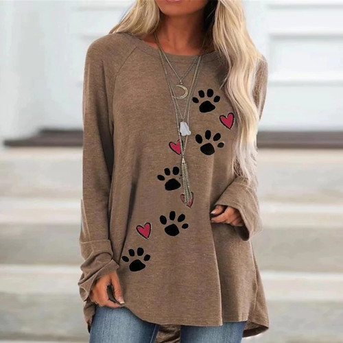 Sexy Loose Long Sleeve Round Neck Vintage Print Fashion T-Shirt