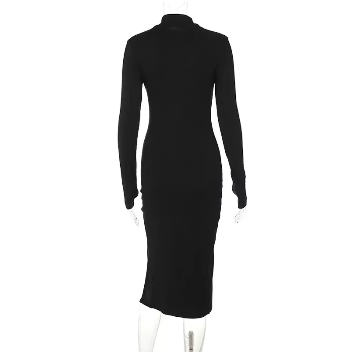 Stylish O-Line Turtleneck Long Sleeve Slit Sexy Rib Knit  Midi Dress