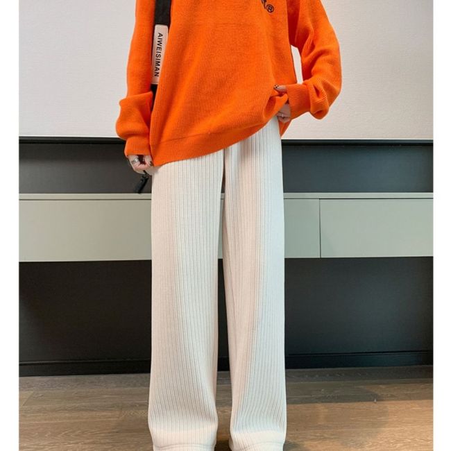 Fashion Solid Color Casual High Waist Thickened Fleece Wide Leg Pants