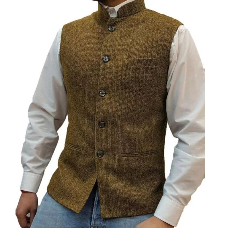 Men's Fashion Herringbone Wool Tweed Stand Collar Slim Vest