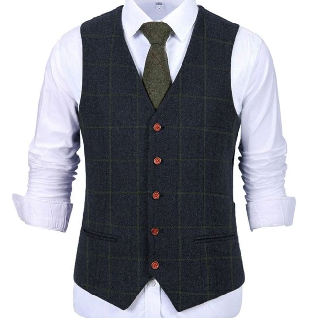 Men's Fashion Vest Plaid Soft Wool Casual Gentleman Twill Business Vest