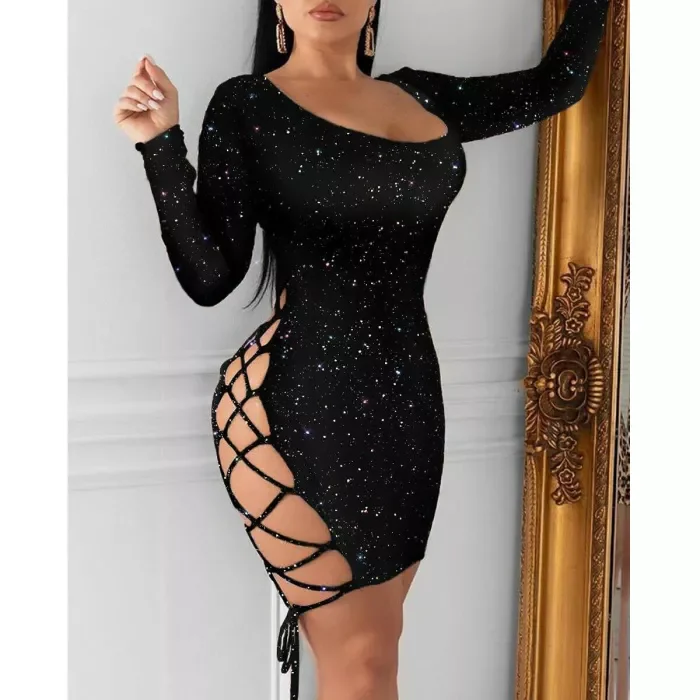 Sexy Long Sleeve Backless Hollow Out Shiny Evening Mini Bodycon Dress