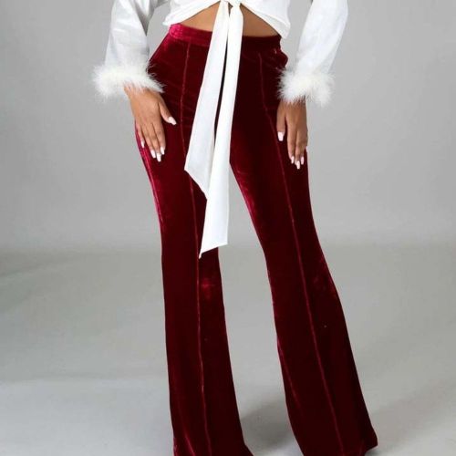 Ladies Fashion Velvet Solid Color Loose High Waist Flared Pants
