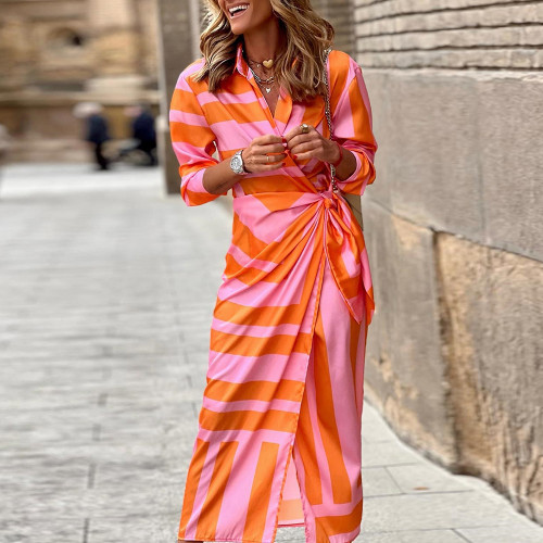 Fashion Lapel Round Neck Stripe Print Elegant Ruffles Casual Maxi Dress