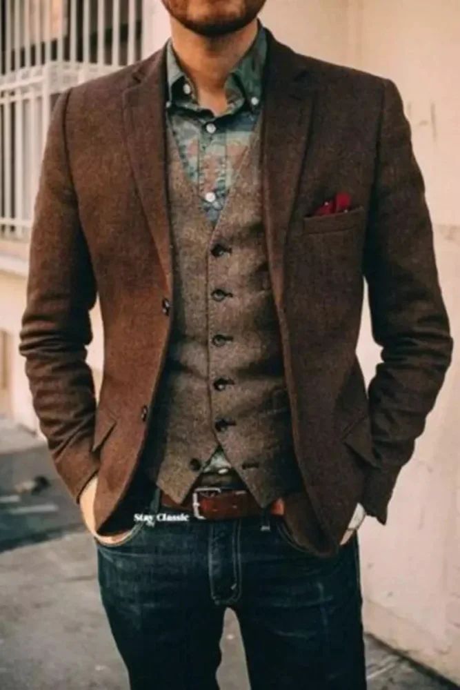 Men's Fashion Solid Color Tweed Wedding Loose Blazer