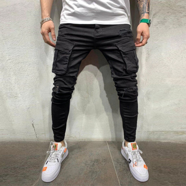 Fashion Men Stretch Casual Street High Street Multi Pocket Slim Fit Jeans