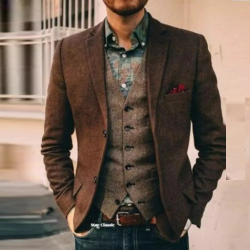 Men's Fashion Solid Color Tweed Wedding Loose Blazer